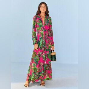 Farm Rio S Leaves pink green Maxi dress long sleeve vneck NWT